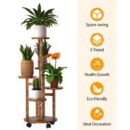 5 Tier Plant Stand With 4 Detachable Wheels Wooden Plant Pot Rolling Shelf Plant Display Rack For Indoor Outdoor Decoration - Image 2