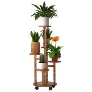 5 Tier Plant Stand With 4 Detachable Wheels Wooden Plant Pot Rolling Shelf Plant Display Rack For Indoor Outdoor Decoration - Image 9